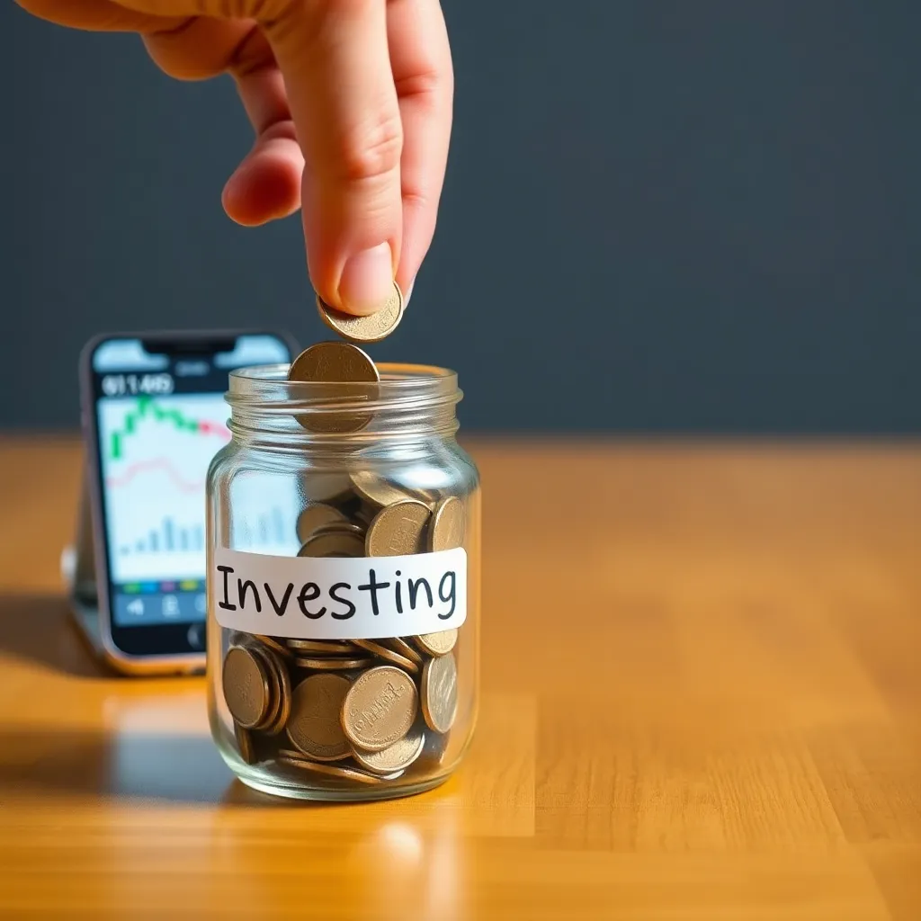 a close-up of a hand placing coins into a clear glass jar labeled 