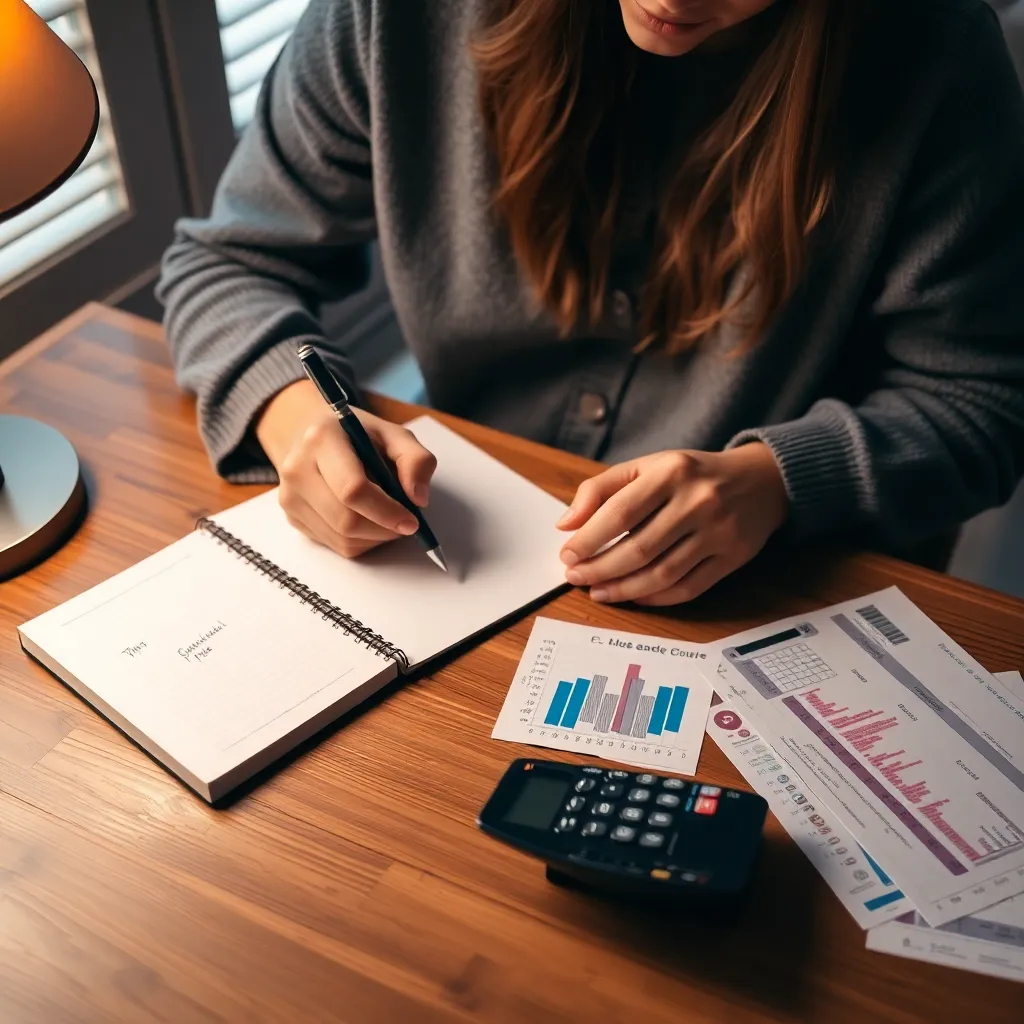 Debt-Free Dreams: Practical Tips for Paying Off Credit Card Balances a person sitting at a wooden desk with a notebook, calculator, and credit card statements spread out, writing down figures under warm home lighting