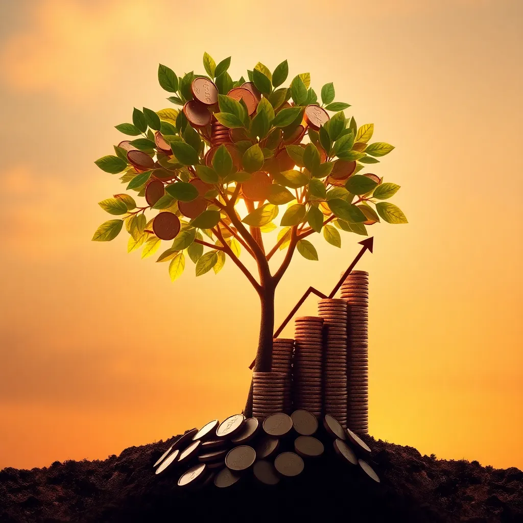 a growing tree with coins as leaves and roots shaped like a rising stock chart, symbolizing compound interest, set against a sunrise background