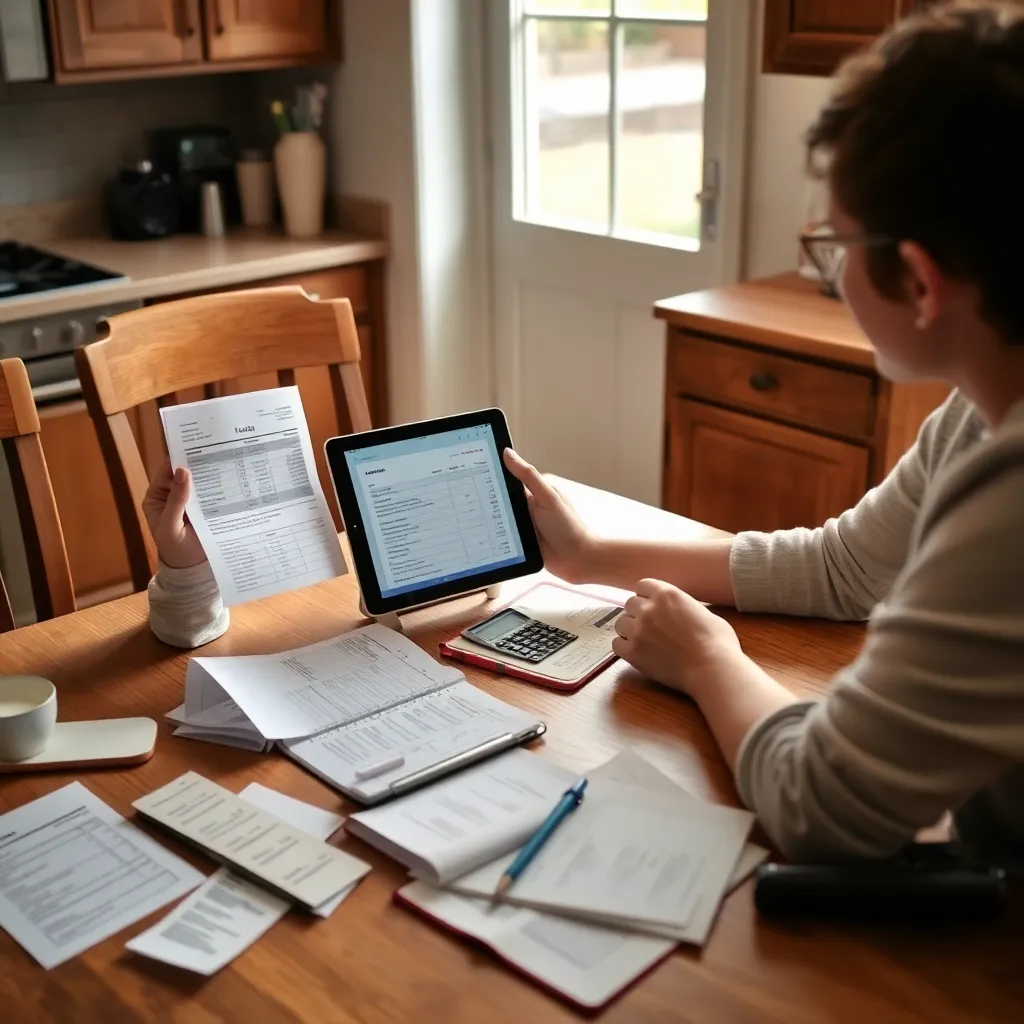 a person sitting at a kitchen table reviewing a budget on a tablet, with paper receipts, a notebook, and a calculator scattered around, soft daylight coming through a window