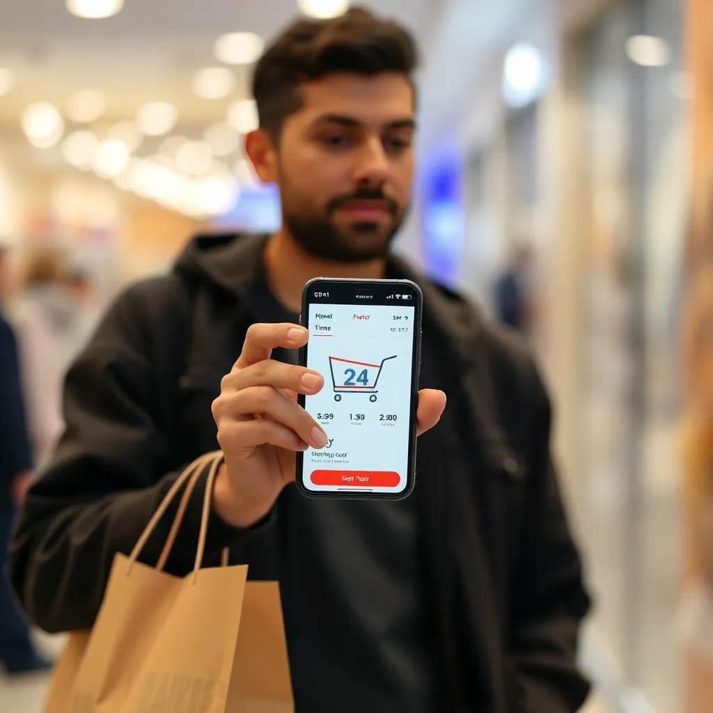 Small Changes, Big Results: Easy Habits That Help You Save More a person pausing while holding a shopping bag, looking thoughtfully at their phone showing a shopping cart screen with a timer counting down from24 hours