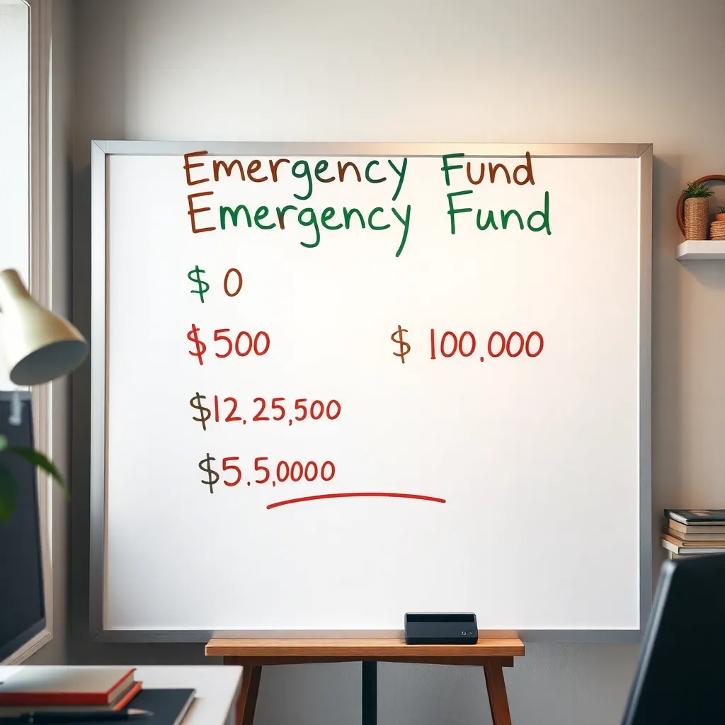 How to Build an Emergency Fund Without Stressing Over Every Dollar a colorful progress chart on a whiteboard showing emergency fund milestones: $0 → $500 → $1,000 → $2,500 → $5,000, with the first two marked as complete, located in a cozy home office