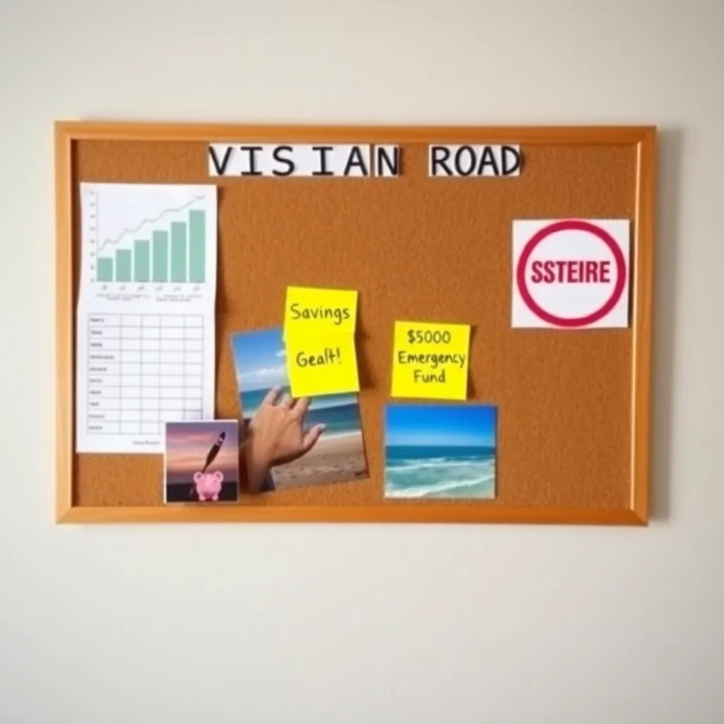 a vision board on a wall showing images of a savings chart, a beach vacation, a debt-free sign, and a piggy bank, with sticky notes labeled 