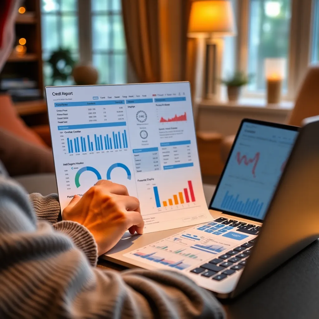a person reviewing a detailed credit report on a laptop at home, with charts and graphs showing credit utilization and payment history, in a cozy, well-lit study
