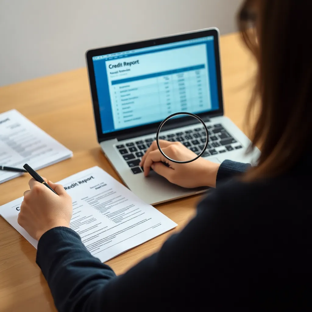 a person sitting at a desk with a laptop, reviewing a credit report, holding a pen and notepad, with documents neatly organized and a magnifying glass highlighting an error on the screen