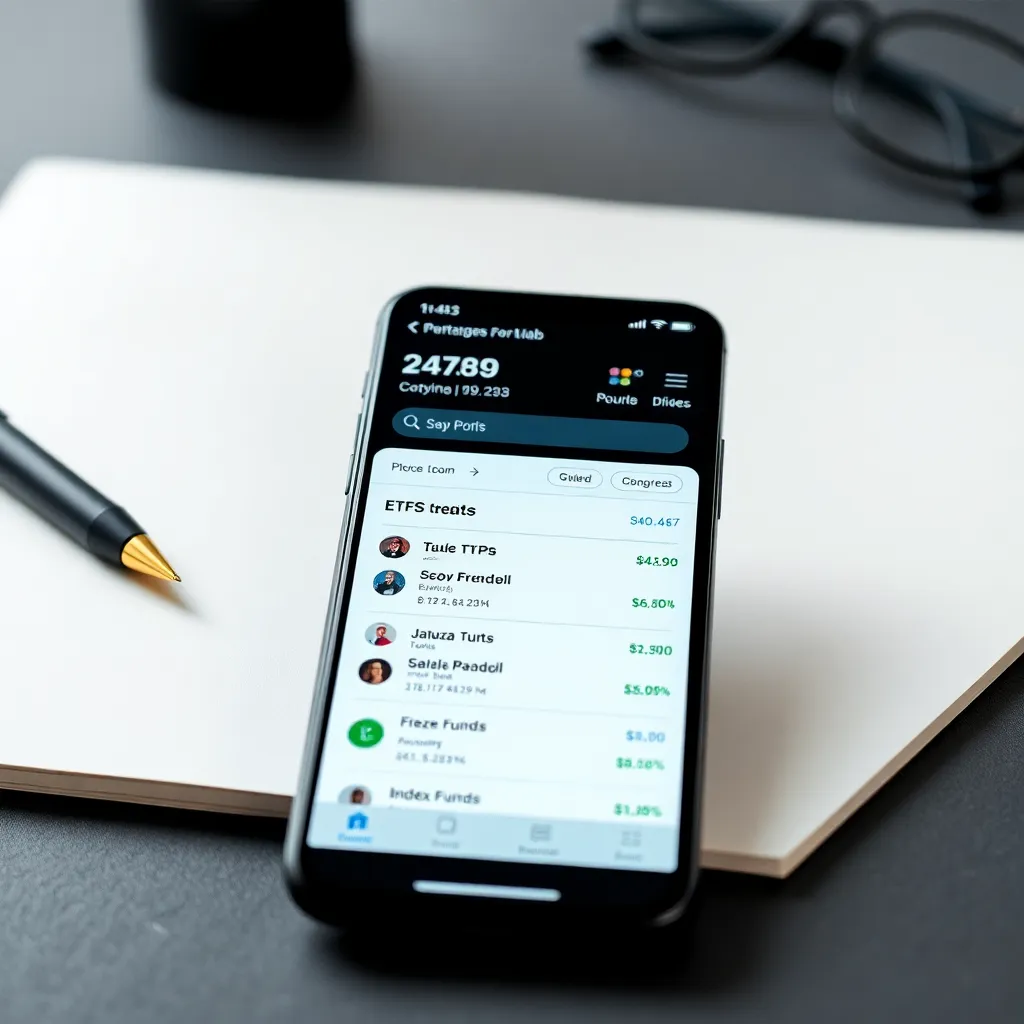 a modern smartphone screen displaying a brokerage app with a portfolio of ETFs and index funds, surrounded by minimalist office items like a notebook and pen