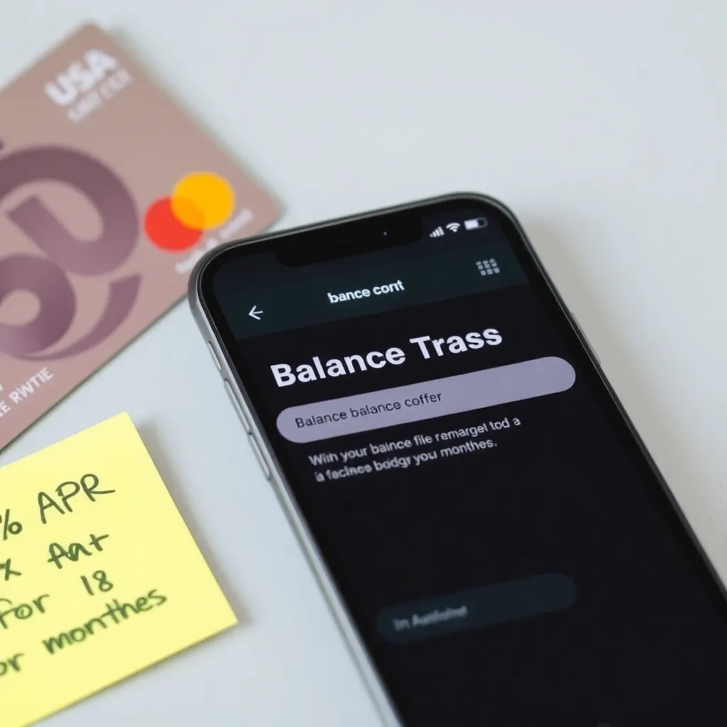 Debt-Free Dreams: Practical Tips for Paying Off Credit Card Balances a smartphone screen showing a balance transfer offer from a bank app, next to a credit card and a sticky note with