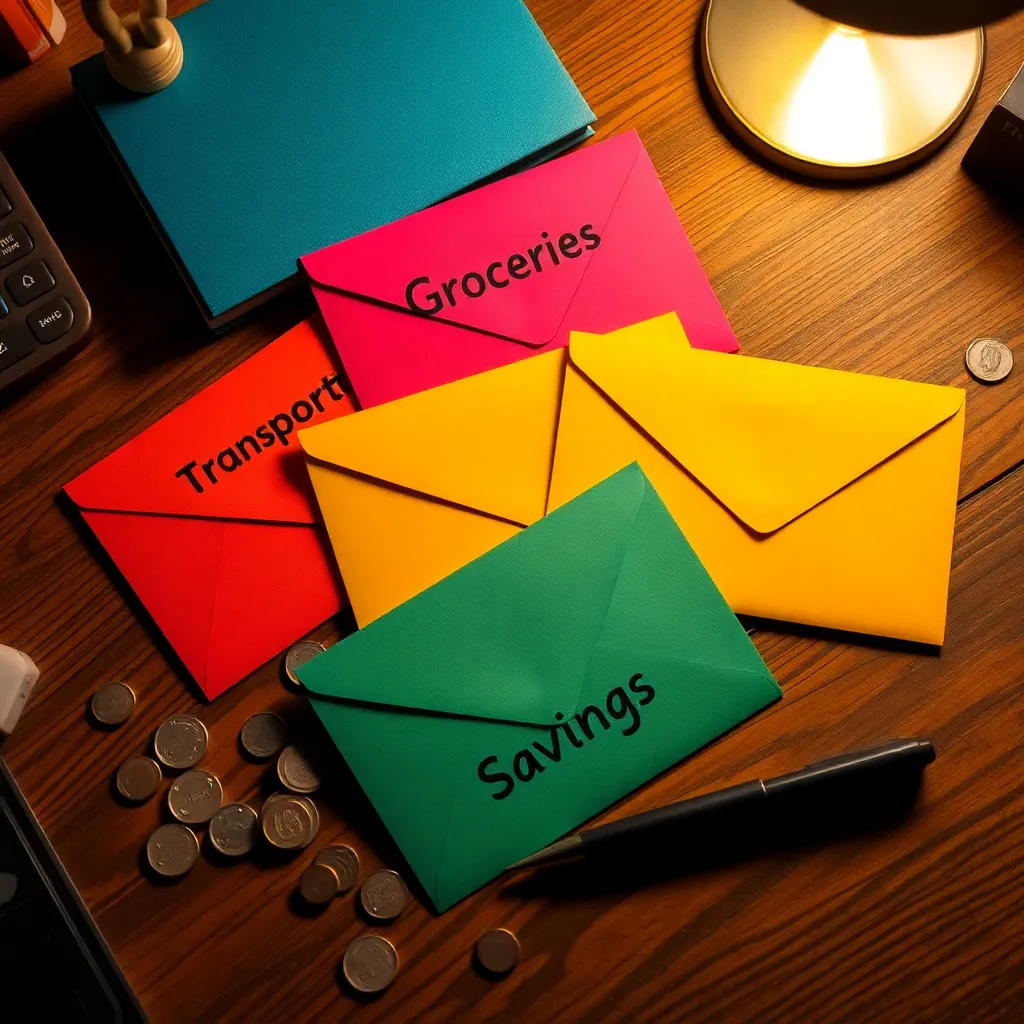 a wooden desk with several colored envelopes labeled 