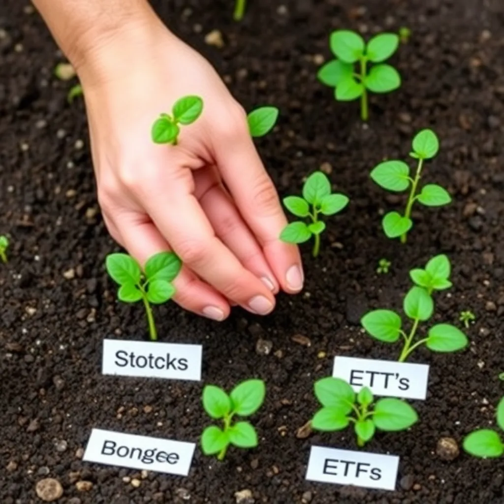 a hand planting multiple types of seeds in a garden labeled 