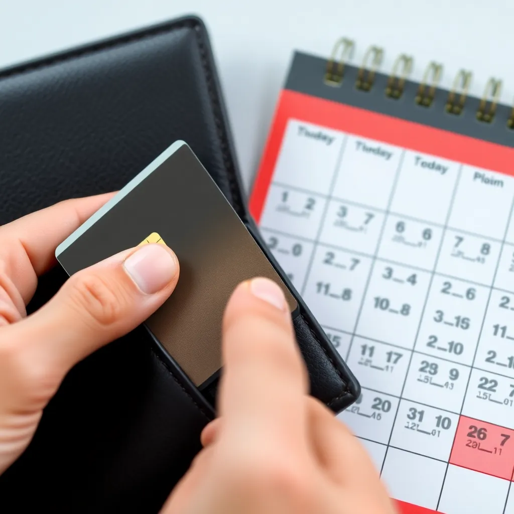 a close-up of hands placing a secured credit card into a wallet next to a calendar marked with bill payment dates, symbolizing responsible credit management