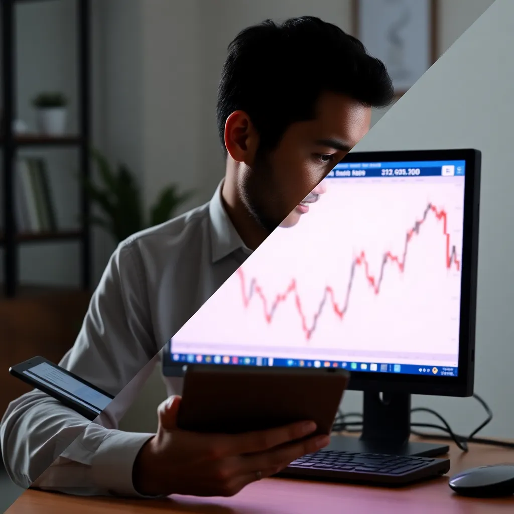 a split image showing a calm investor reviewing a stable investment chart on a tablet versus a stressed person staring at a volatile red stock graph on a computer screen
