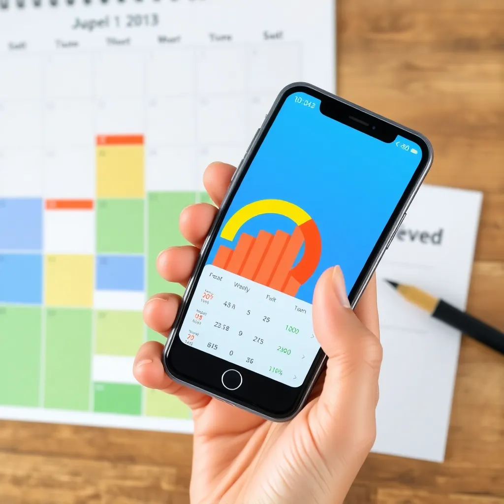 a hand holding a smartphone displaying a colorful monthly budget summary graph, with a calendar showing the last day of the month in the background and a checklist marked 