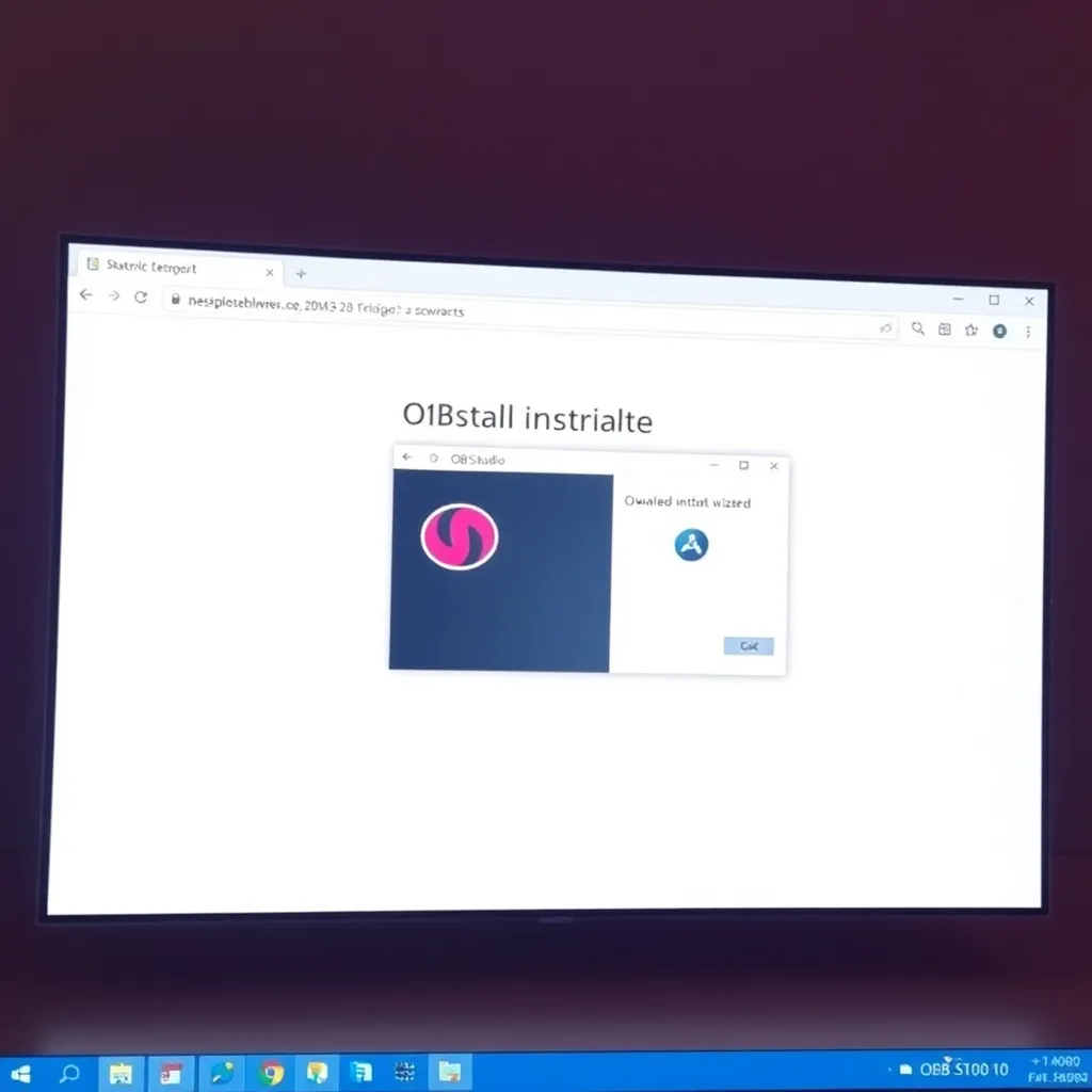 a clean desktop screen showing the OBS Studio download page open in a browser, with the installation wizard running on the side, displaying progress on a Windows PC