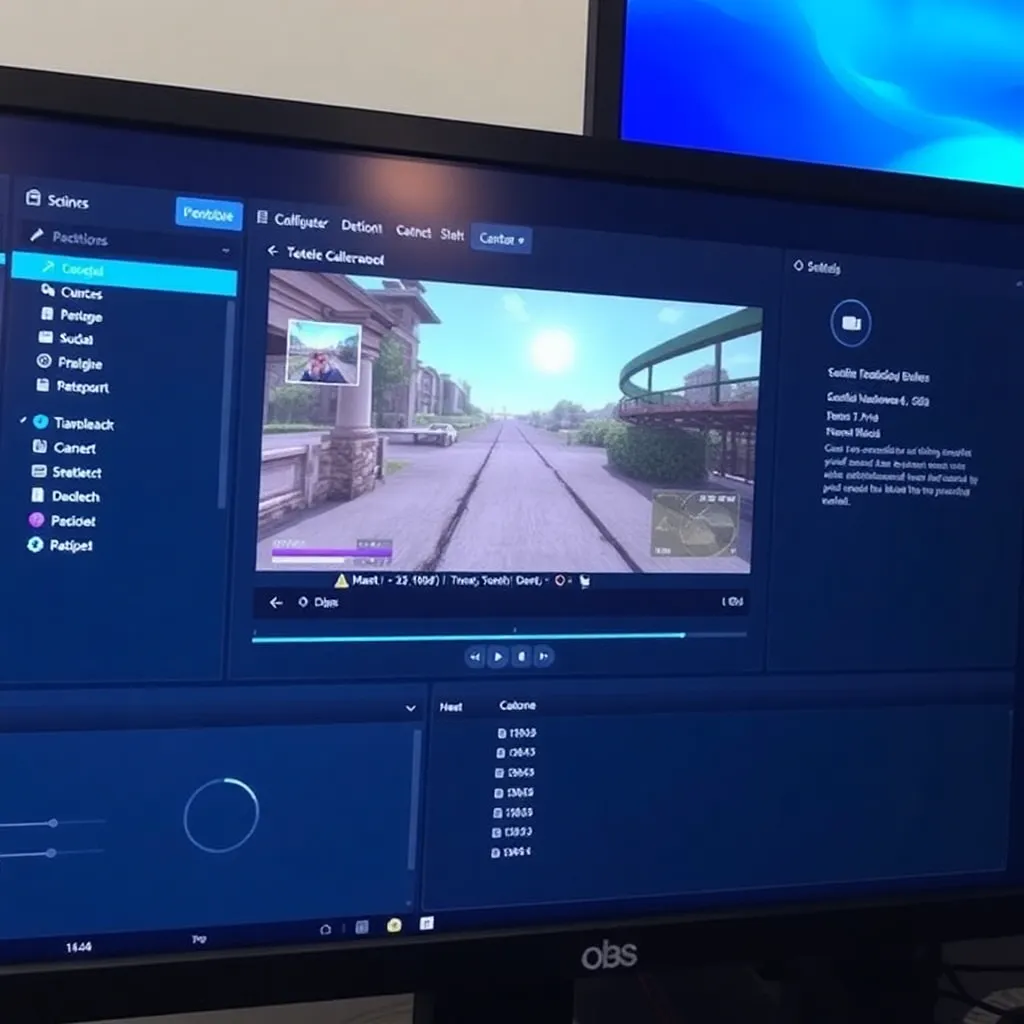 OBS Studio interface with a configured scene showing a game window capture, a small webcam preview in the corner, and audio meters active, displayed on a dual-monitor setup
