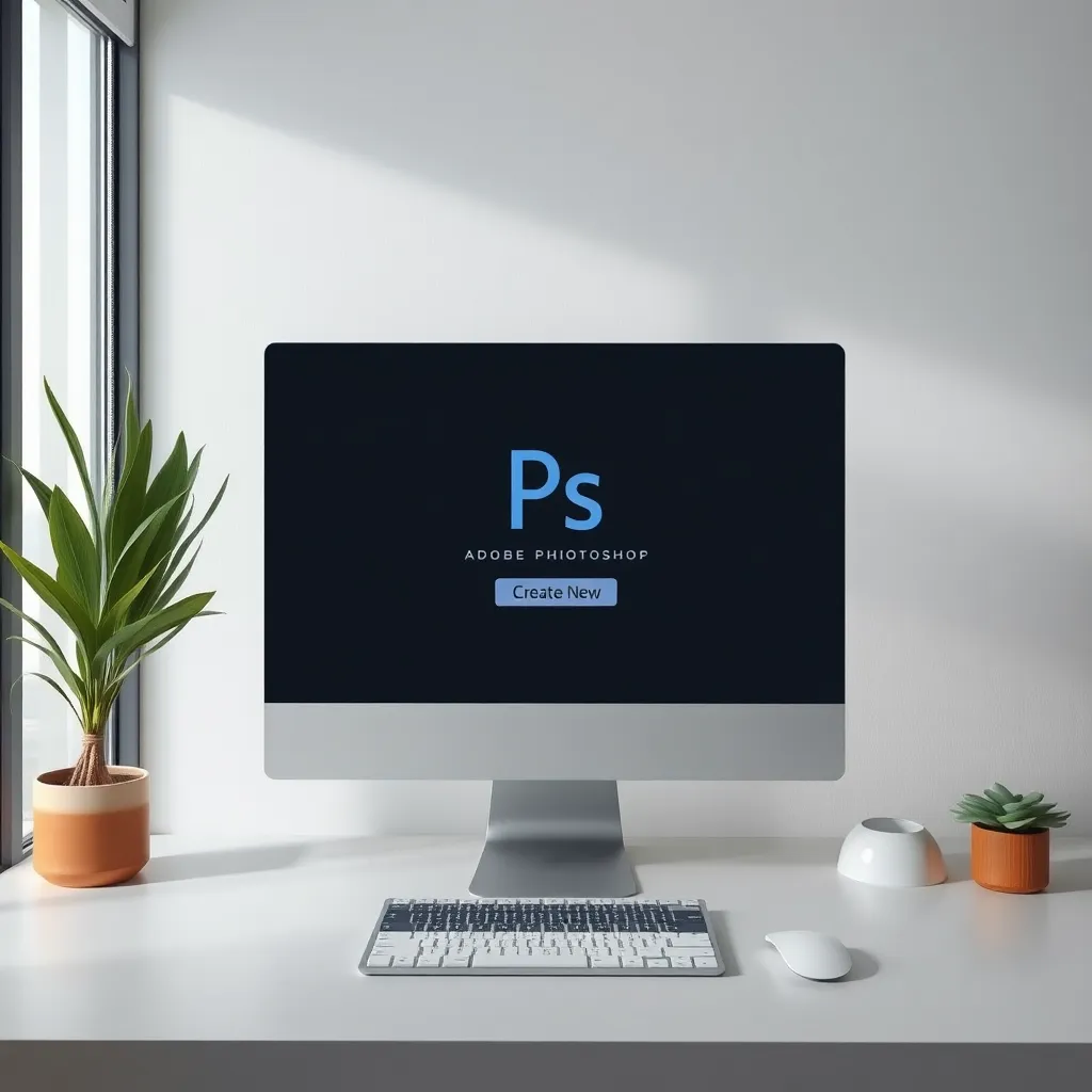 a clean screenshot-style image showing the Adobe Photoshop home screen with the 'Create New' button highlighted and a modern workspace layout