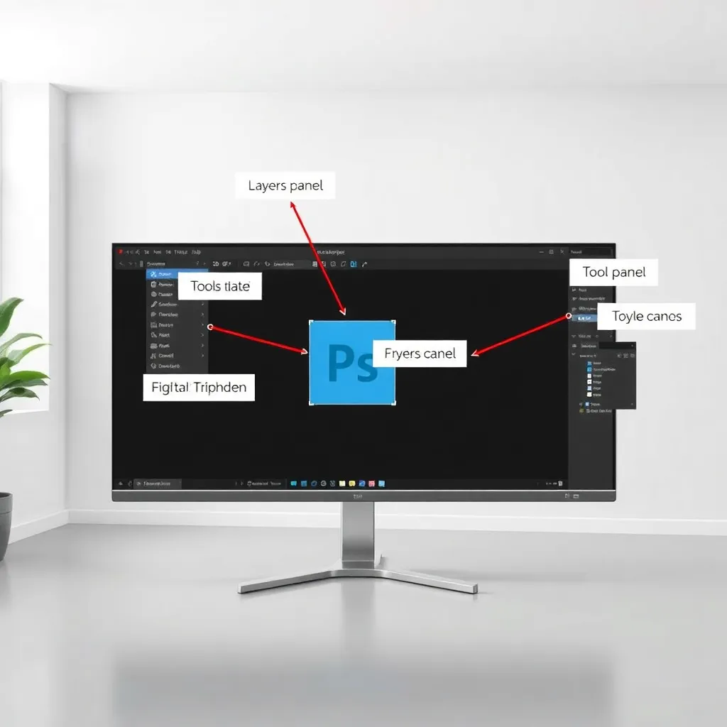 an annotated view of the Photoshop interface showing labeled sections: Tools panel, Layers panel, Options bar, Menu bar, and canvas, displayed on a widescreen monitor in a well-lit room