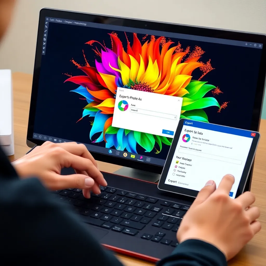 a person's hands using a graphic tablet and keyboard to export a colorful digital artwork in Photoshop, with the 'Export As' dialog window clearly visible on the screen