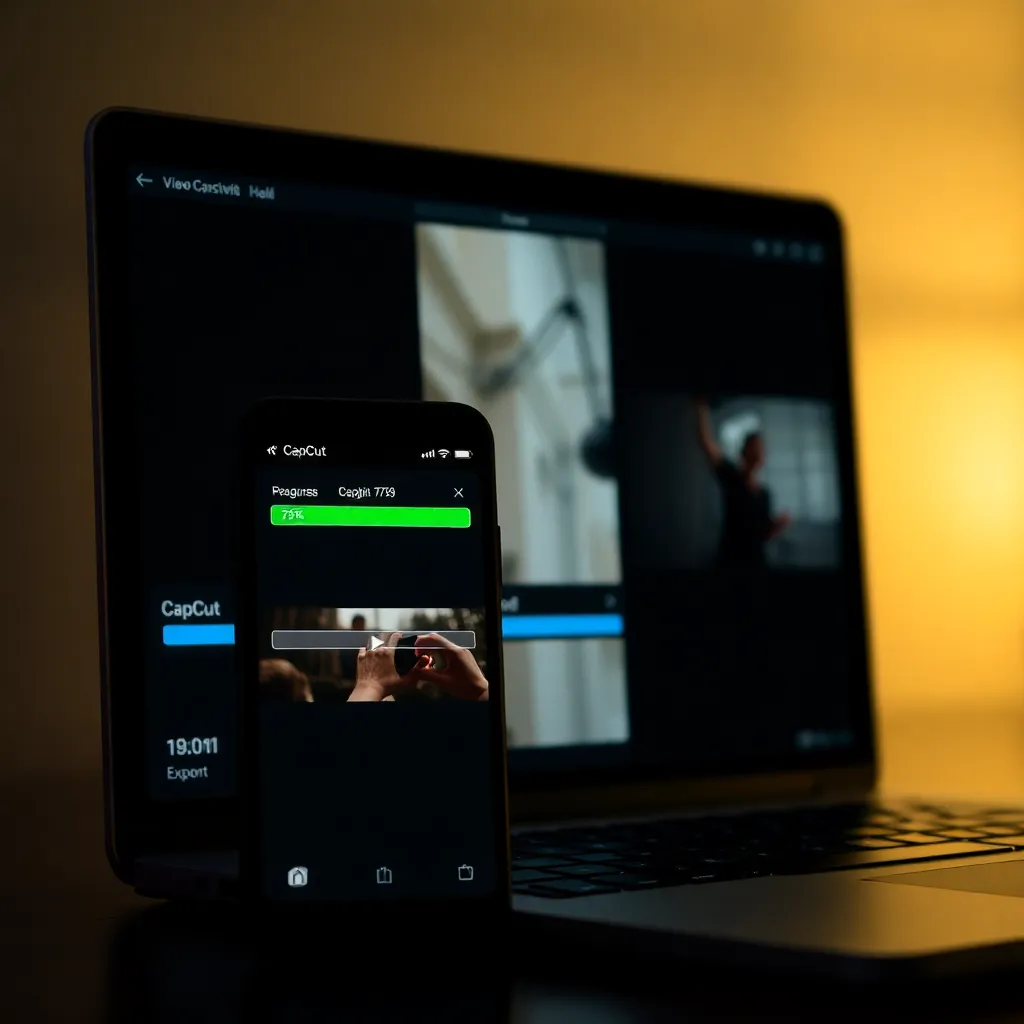 a smartphone and laptop side by side, both showing the CapCut interface with a video export progress bar stuck at 75%, dim lighting to emphasize frustration