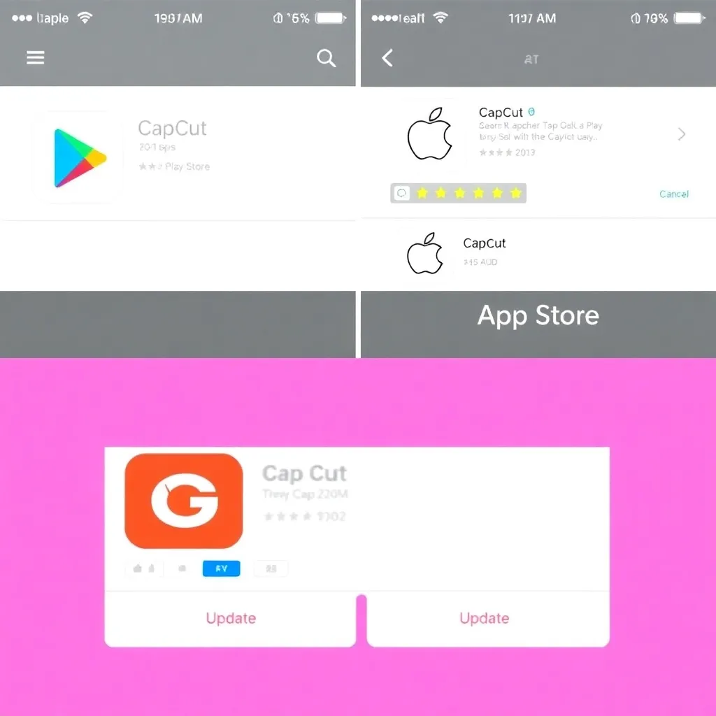 a split screen showing the Google Play Store and Apple App Store, both highlighting the CapCut app page with a visible 'Update' button