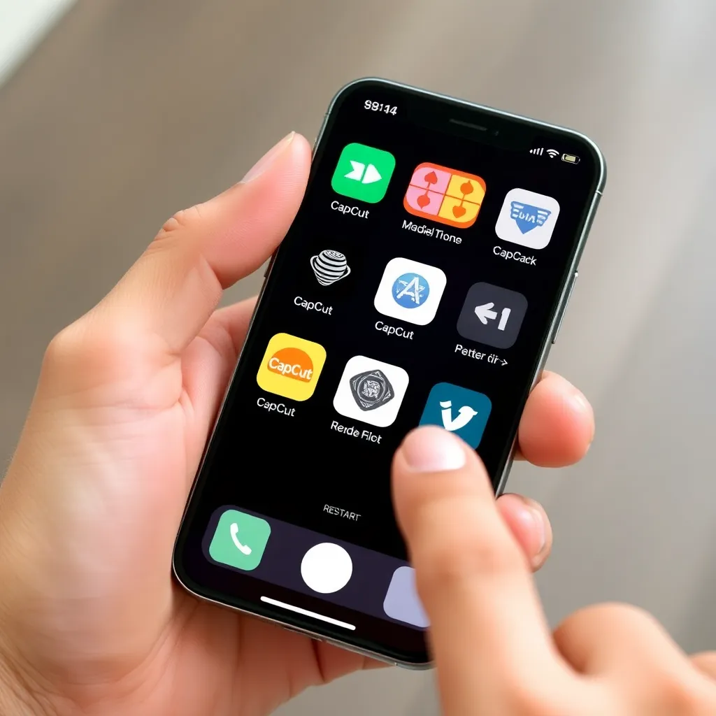 a hand swiping away multiple app cards on an iPhone, including CapCut, followed by a finger pressing the power button to restart the device