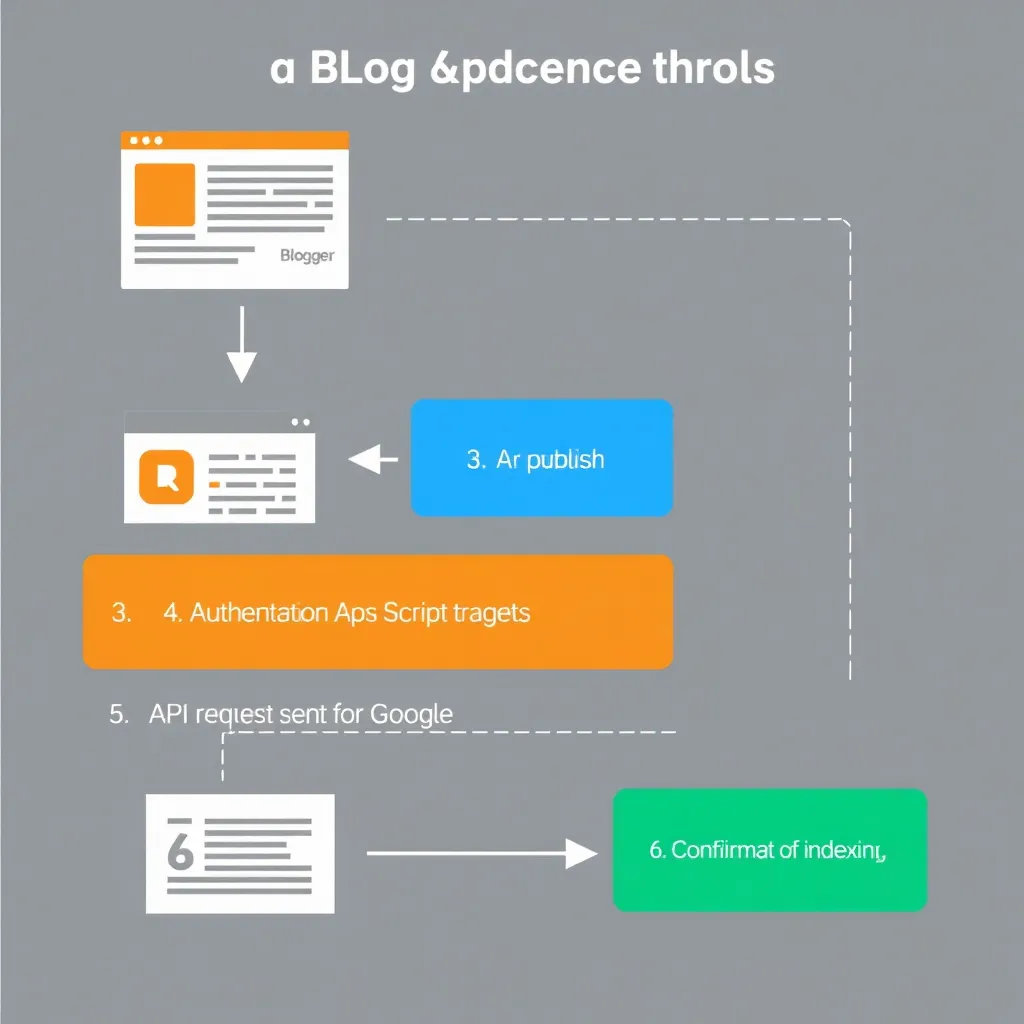 infographic showing step-by-step flow: 1) Write blog post on Blogger, 2) Click Publish, 3) Google Apps Script triggers, 4) Authentication via OAuth, 5) API request sent to Google, 6) Confirmation of indexing received