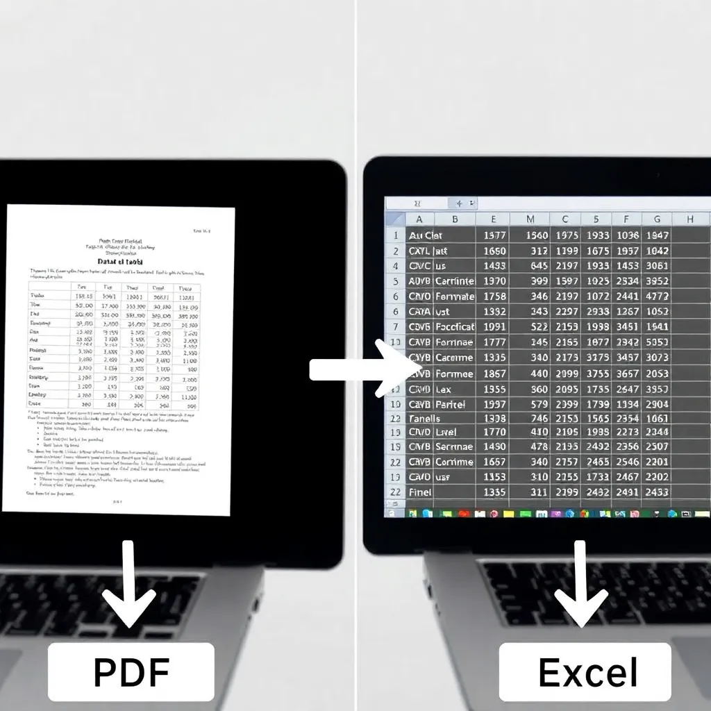 a split-screen image showing a PDF document with a data table on the left and an Excel spreadsheet with the same data neatly organized on the right, with digital arrows indicating conversion