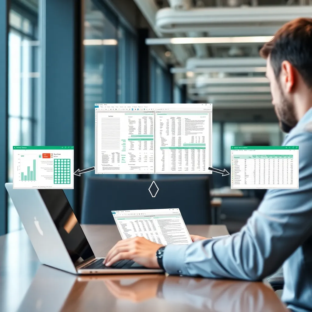 a professional in a modern office setting using a laptop to convert a multi-page financial report from PDF to Excel, with multiple windows open showing before-and-after views