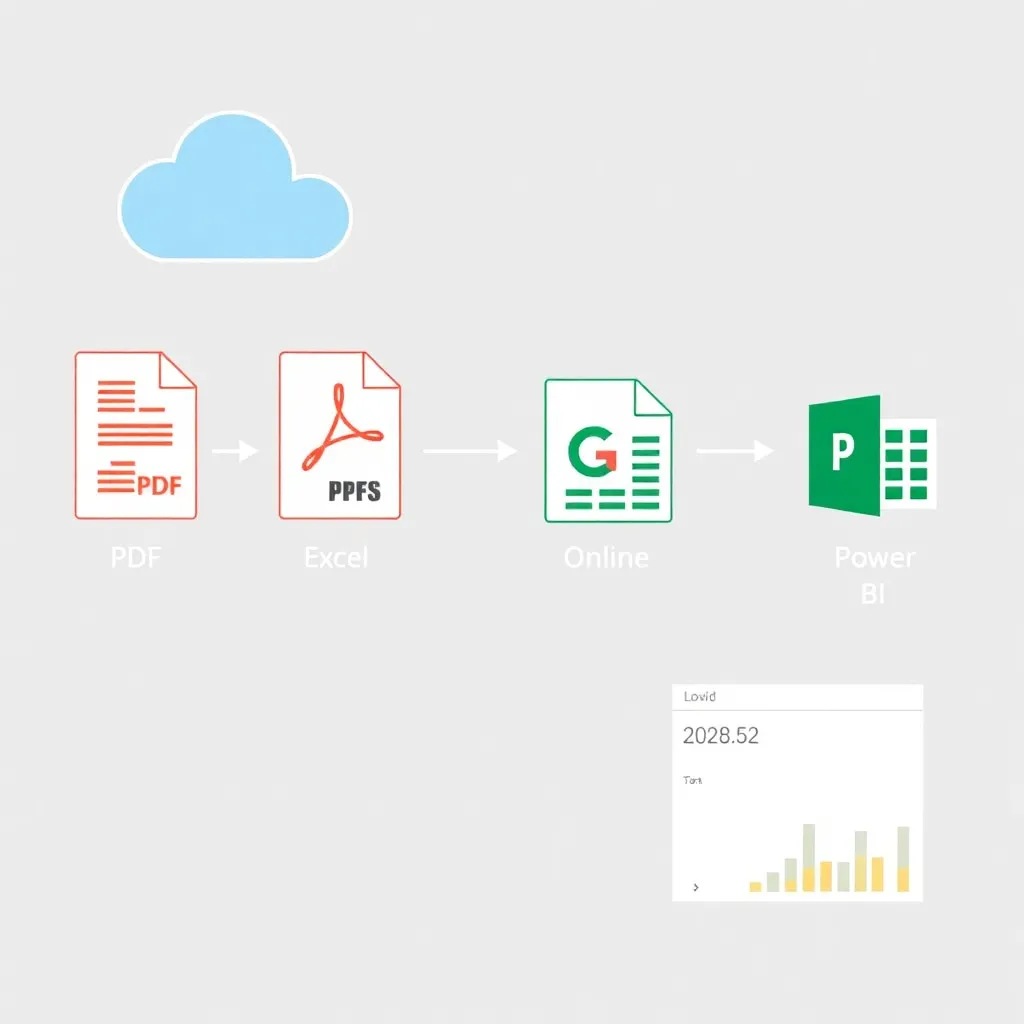 a digital workflow diagram showing a PDF file being uploaded to a cloud service, converted to Excel via an online tool, and then synced to Google Sheets and Power BI for visualization