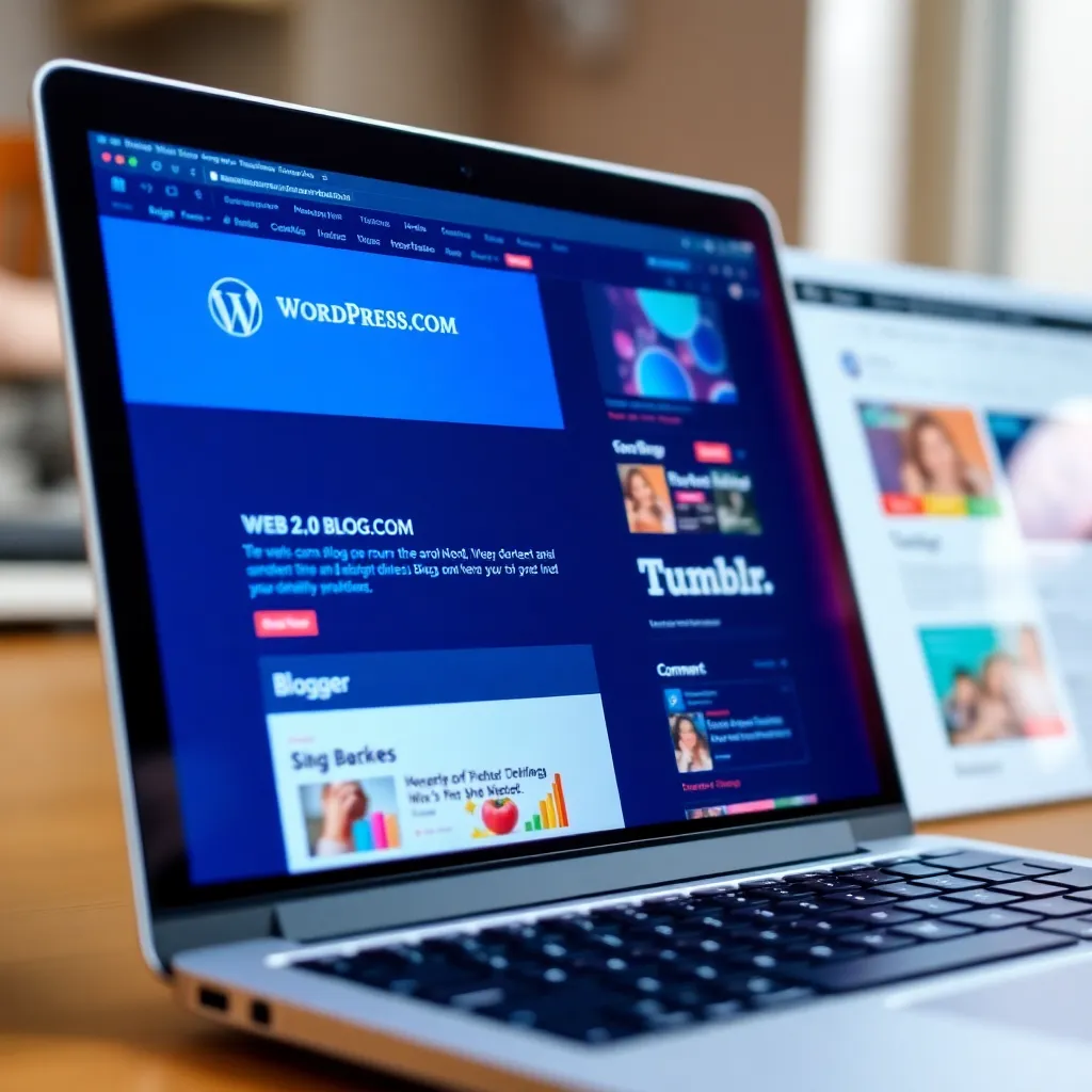 a modern laptop screen displaying multiple Web 2.0 blog platforms like WordPress.com, Blogger, and Tumblr, with colorful blog interfaces and visible comment sections and share buttons