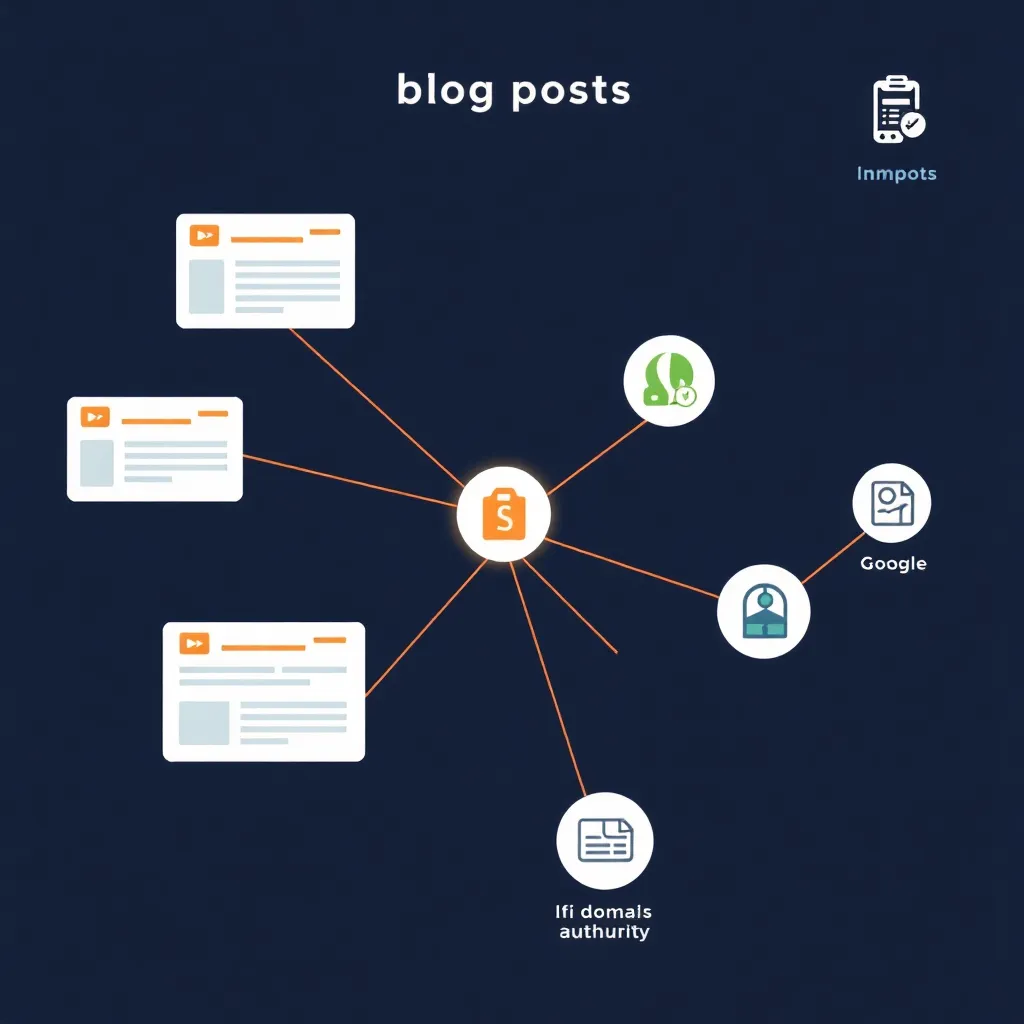 an infographic-style illustration showing a network of blog posts connected by glowing lines representing backlinks, with icons for Google, domain authority, and anchor text