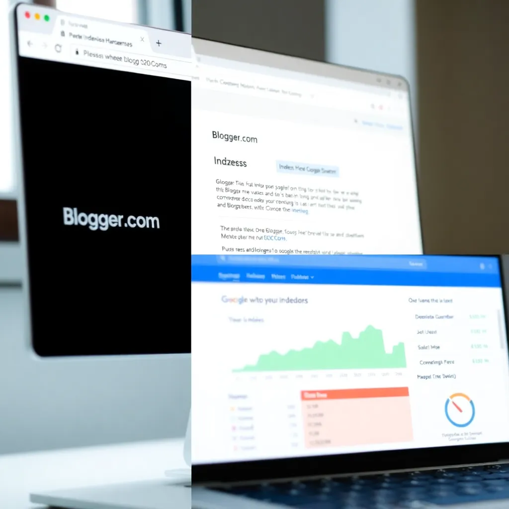a split-screen image: left side shows a blogger publishing a post on Blogger.com; right side shows Google indexing the page in real-time with a progress bar and SEO metrics dashboard