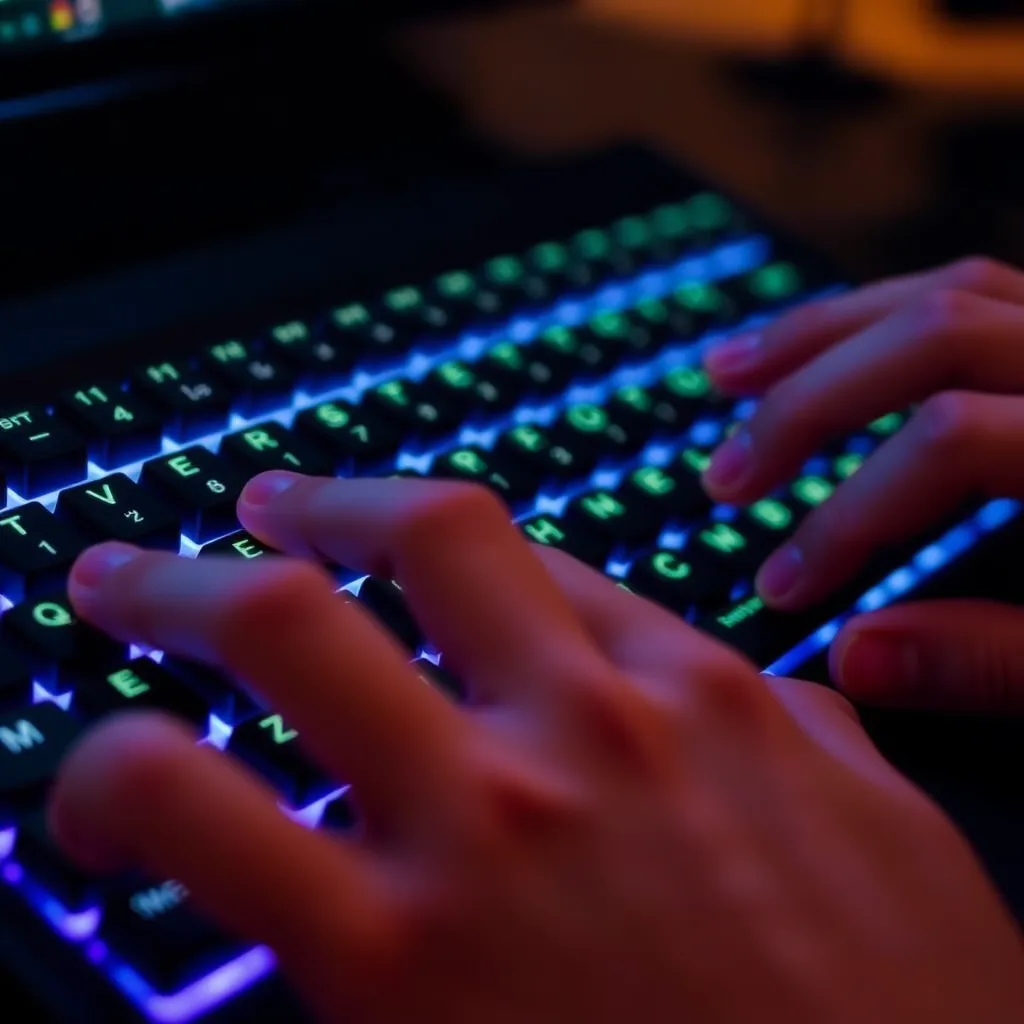 a close-up of hands typing on a backlit mechanical keyboard with highlighted keys showing common shortcuts like Ctrl+C, Ctrl+V, and Ctrl+Z