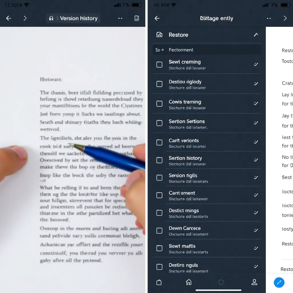 a split-screen image showing a person making an edit in a document on the left, and the version history timeline with restore options open on the right
