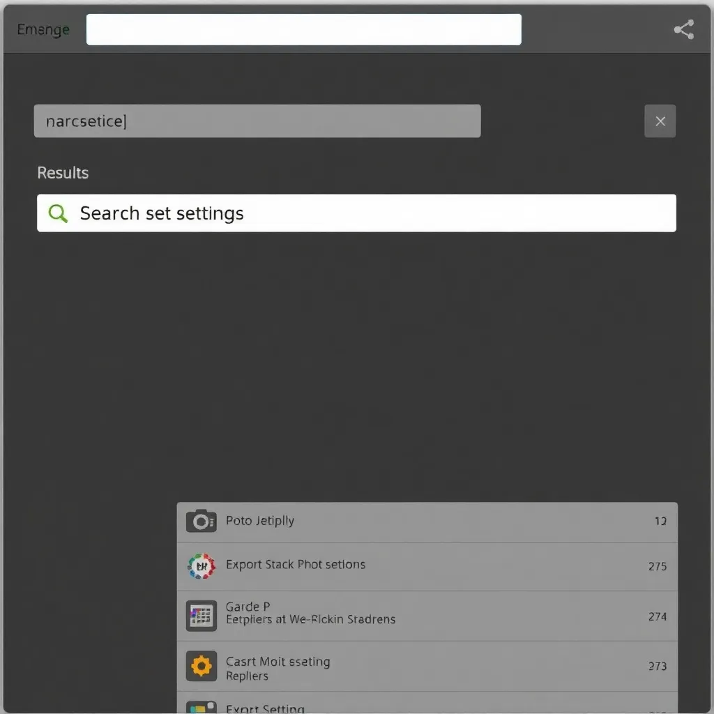 a software interface with a prominent search bar at the top, showing a search for 'export settings' with results highlighted below