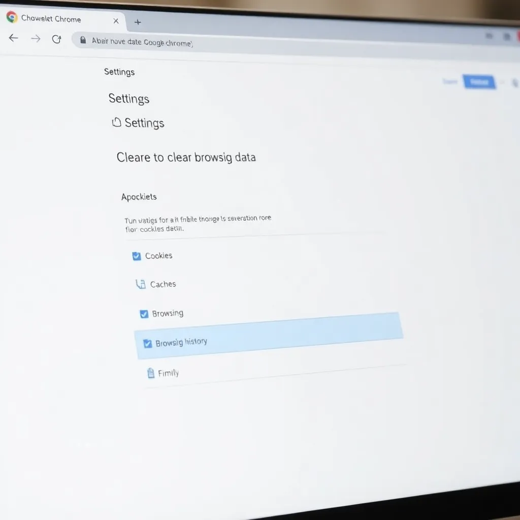 a laptop screen showing Google Chrome settings with the 'Clear browsing data' panel open, highlighting options for cookies, cache, and browsing history