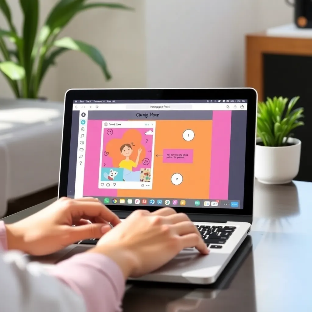 a person using Canva on a laptop, designing a colorful Instagram post with drag-and-drop elements like icons, text boxes, and images on a bright, intuitive interface