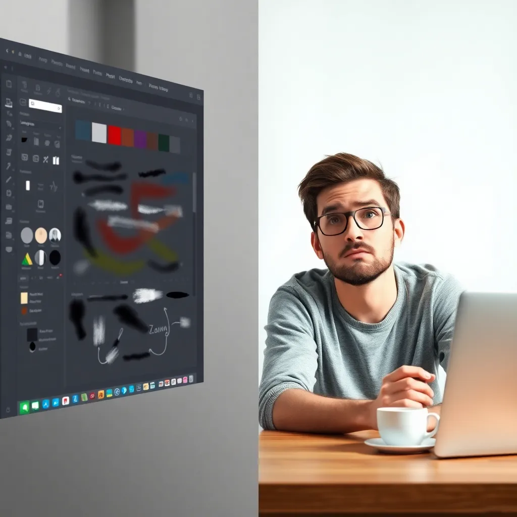 a split screen view showing Photoshop's complex interface on one side with layers, brushes, and adjustment panels, and a beginner looking puzzled on the other side, sitting at a desk with a cup of coffee