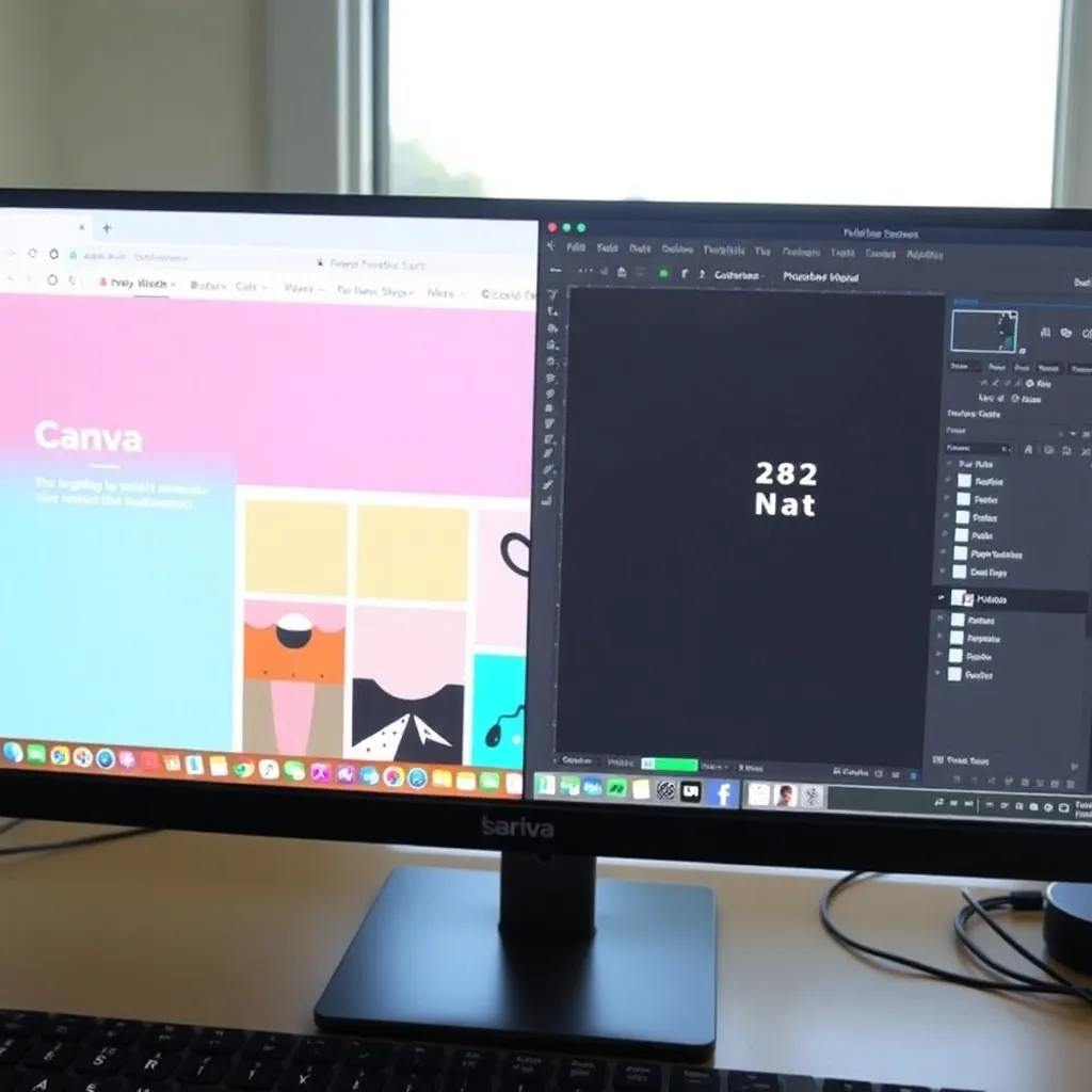 a side-by-side comparison on a desktop screen: left side shows Canva's clean, colorful web interface with templates; right side displays Photoshop's detailed workspace with toolbars and layers panel, highlighting the contrast in complexity