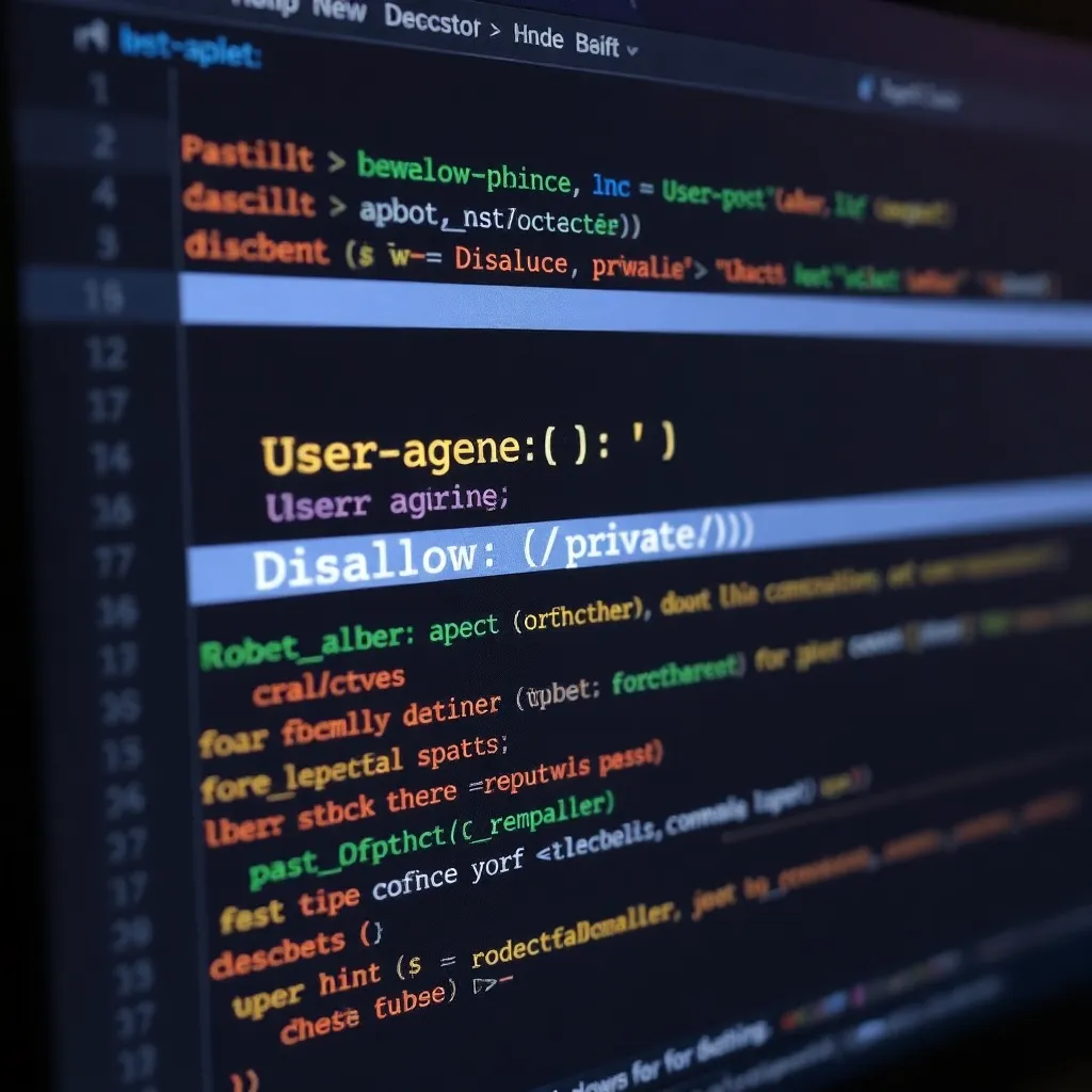 a close-up of a computer screen showing a code editor with a robots.txt file open, displaying lines like 'User-agent: *' and 'Disallow: /private/', on a dark-themed IDE with syntax highlighting