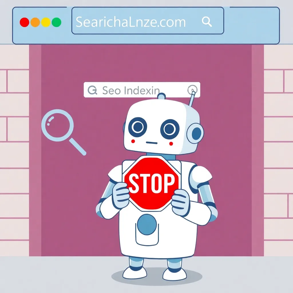 an illustration showing a robot holding a 'STOP' sign in front of a website entrance labeled 'SEO Indexing', with a magnifying glass and search bar in the background