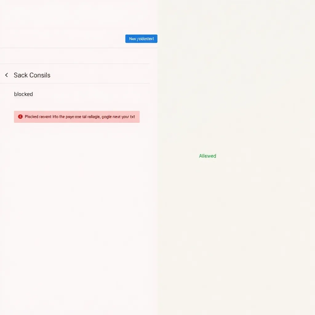 a split-screen image: left side shows a red 'blocked' warning in Google Search Console; right side shows a green 'Allowed' status with a checkmark after fixing robots.txt