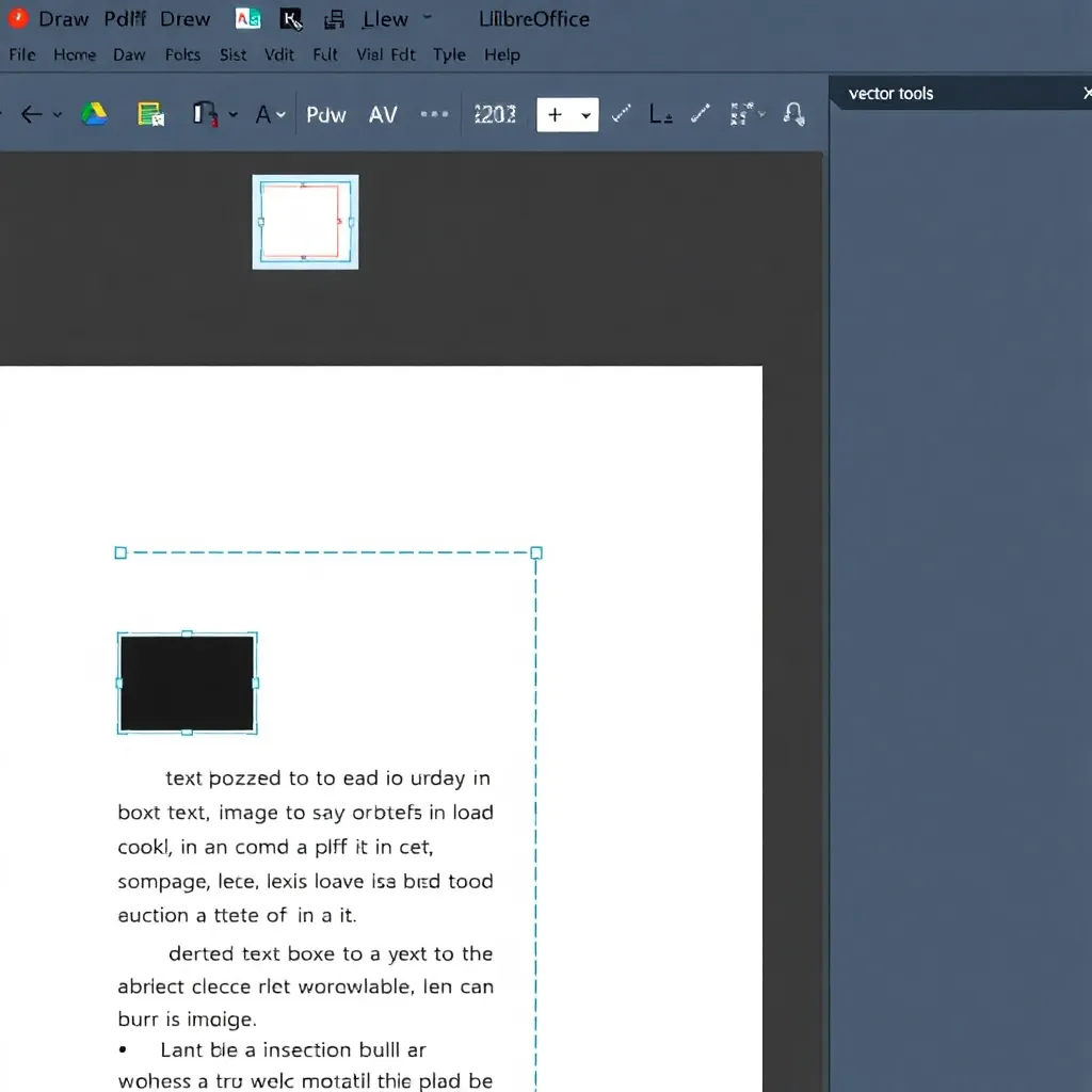 a screenshot-style image showing LibreOffice Draw interface with a PDF document open, displaying editable text boxes, image insertion toolbar, and vector tools on the side
