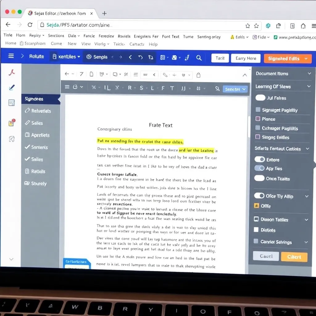 a modern browser view of Sejda PDF Editor online, showing a document with highlighted text being edited, a sidebar with tools for adding signatures and checkboxes, and a clean user interface