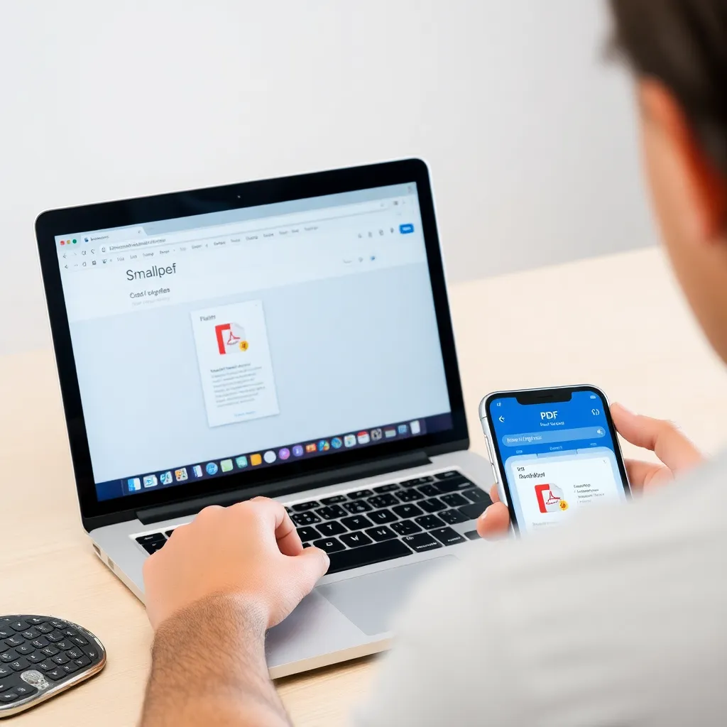 a person using Smallpdf on a laptop, with the website interface showing a PDF loaded from Google Drive, editing tools active, and a mobile phone nearby syncing the updated file