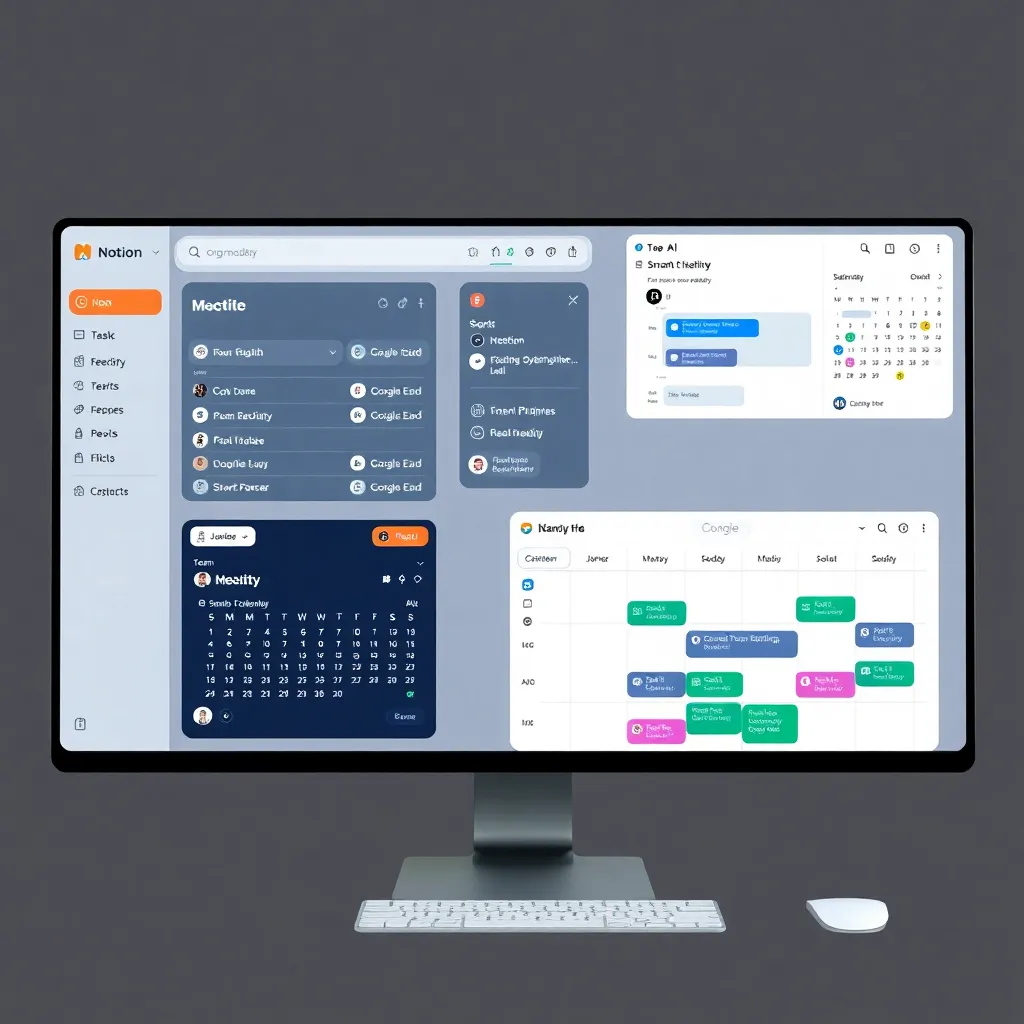 a modern desktop screen showing Notion AI interface with multiple panels: a task board, AI-generated summary of a meeting, and a smart calendar integrated with team collaboration features, in a sleek dark mode design