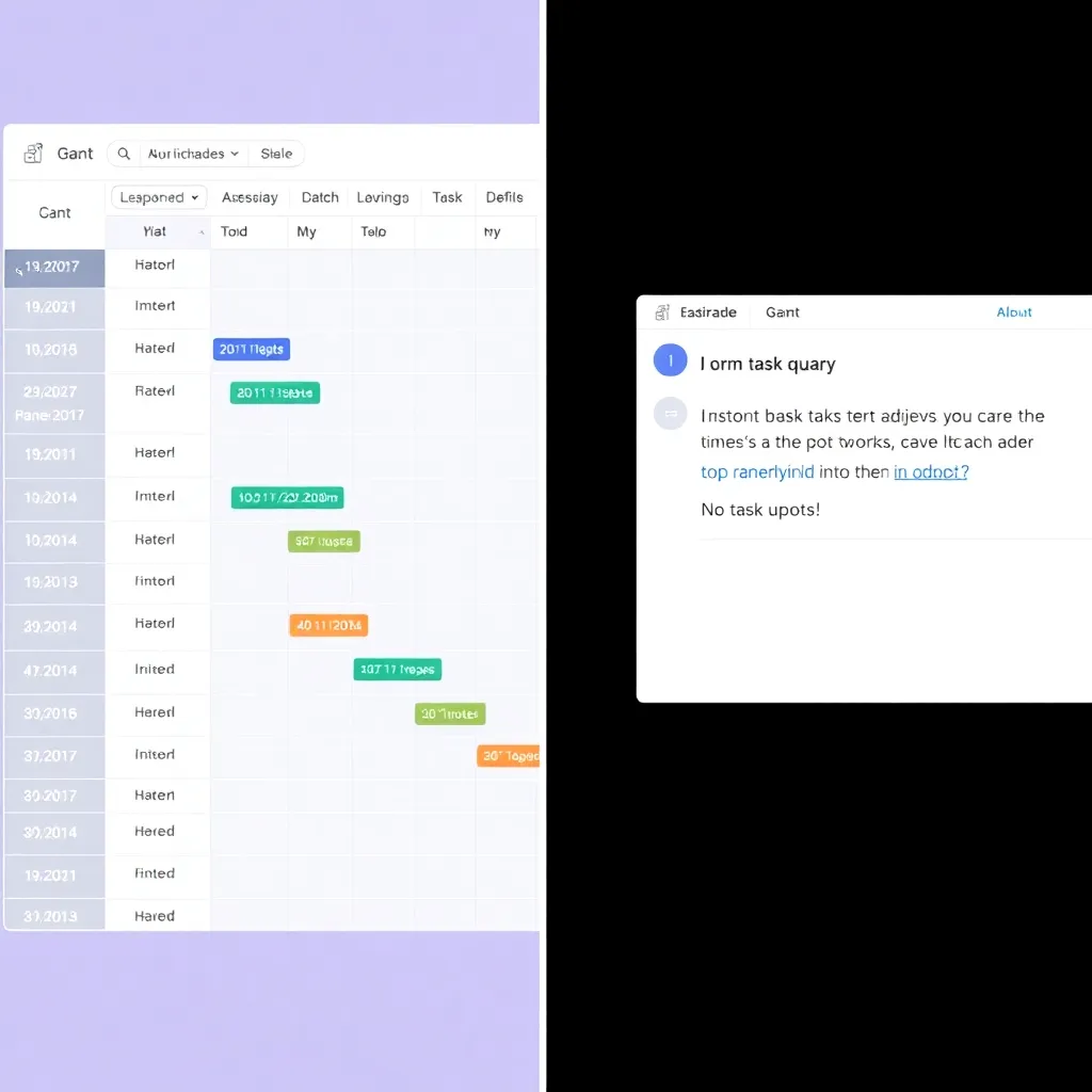 a split-screen view of ClickUp Brain: one side showing a Gantt chart with AI-generated timeline predictions, the other displaying a natural language query being processed into a task update