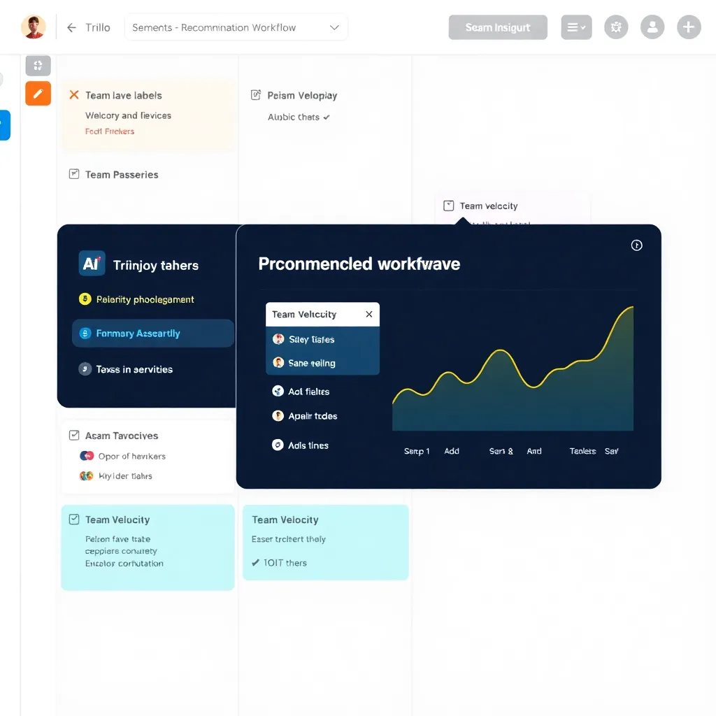 a colorful Trello IQ board with AI-powered labels and priority tags, showing a recommended workflow adjustment with a pop-up insight panel analyzing team velocity