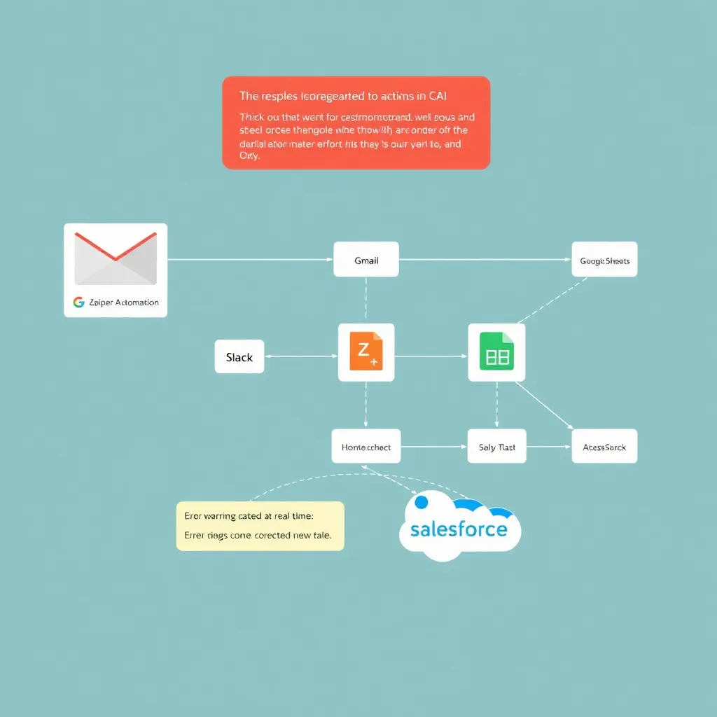 a flowchart-style interface in Zapier Infinity showing AI-generated automation paths between Gmail, Slack, Google Sheets, and Salesforce, with error warnings corrected in real time
