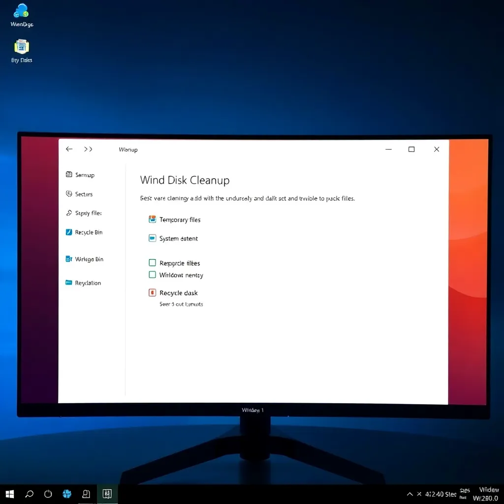 a modern Windows desktop showing the Disk Cleanup tool interface with checkboxes for temporary files, system files, and recycle bin, displayed on a high-resolution monitor