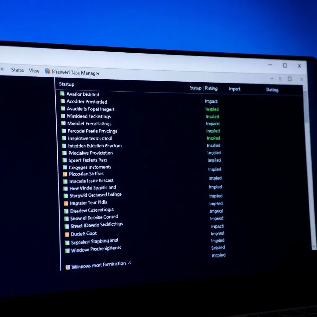 a laptop screen displaying the Windows Task Manager with the Startup tab open, showing a list of programs with their impact ratings, some disabled and others enabled